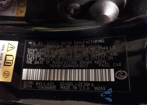 2017 Lexus Es 350 z USA, uszkodzony, nr VIN 58ABK1GG8HU043022